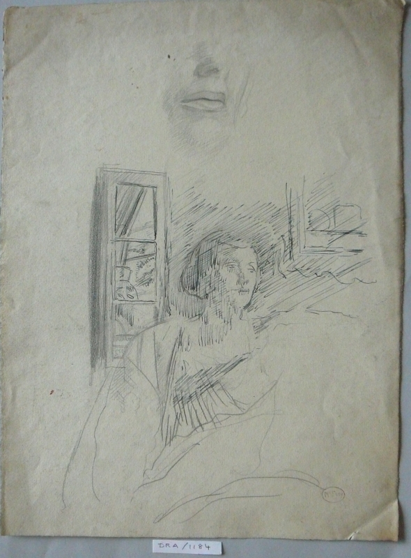 Mrs Lousada pen & ink drawing below a pencil study of the lower part of the face.. DRA/1184